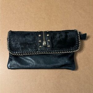 Sondra Roberts Black Leather Clutch with Chain Accent